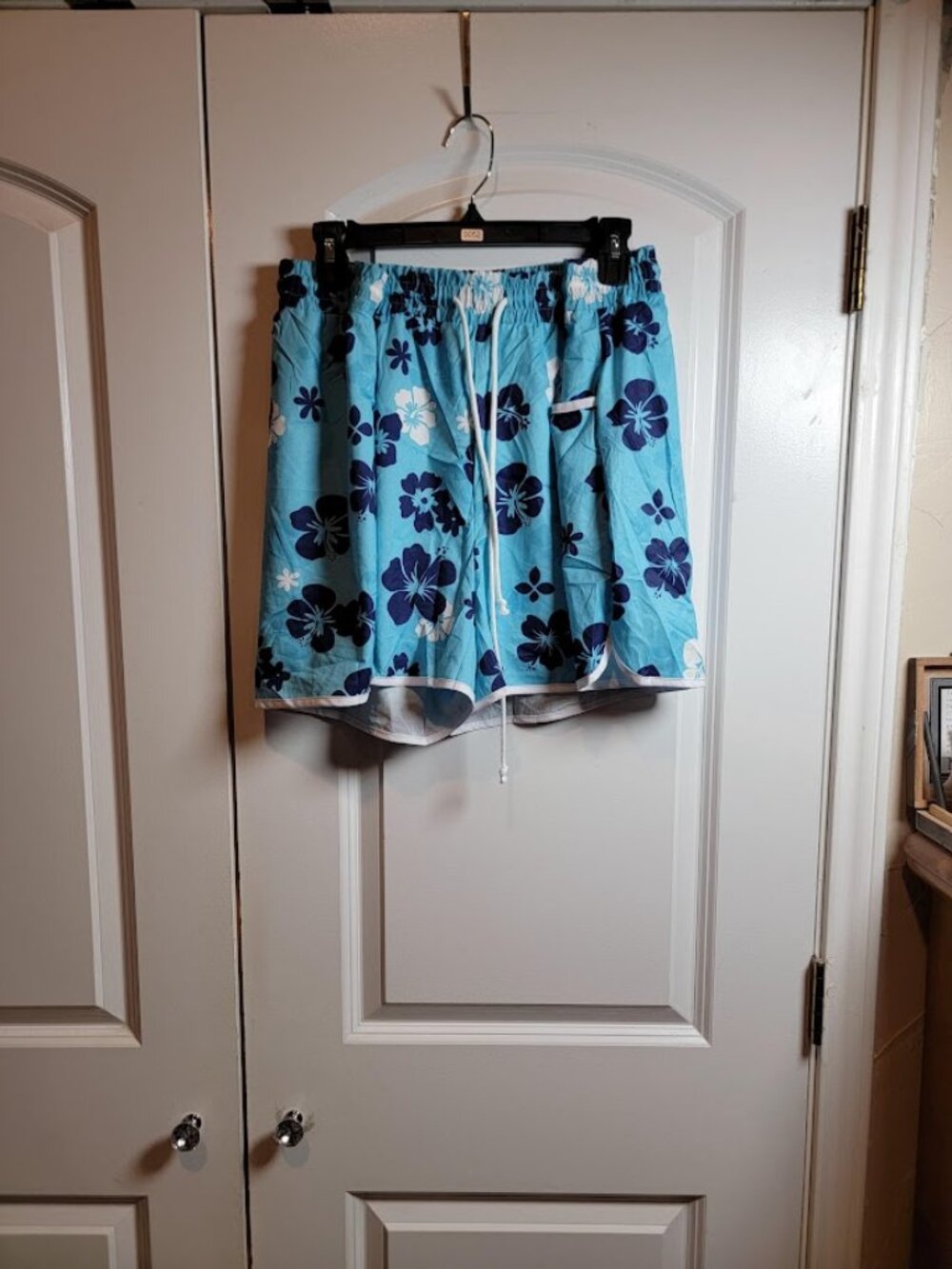 Blue Hibiscus Floral Swim Trunks Board Shorts Drawstring